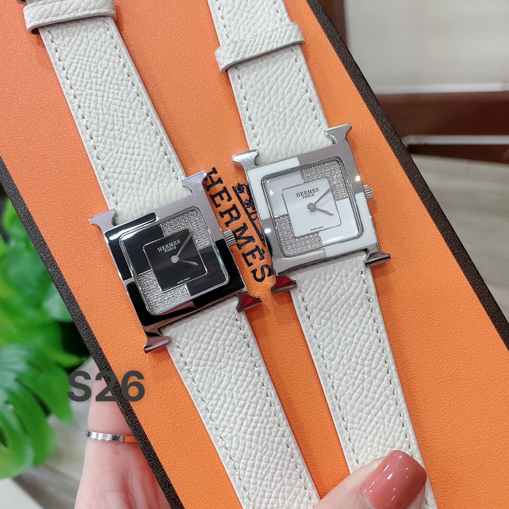 Đồng hồ Hemes Heure H nữ mặt vuông dây da - Viền Ceramic Mặt Đính Đá - Size 26x26mm hermes