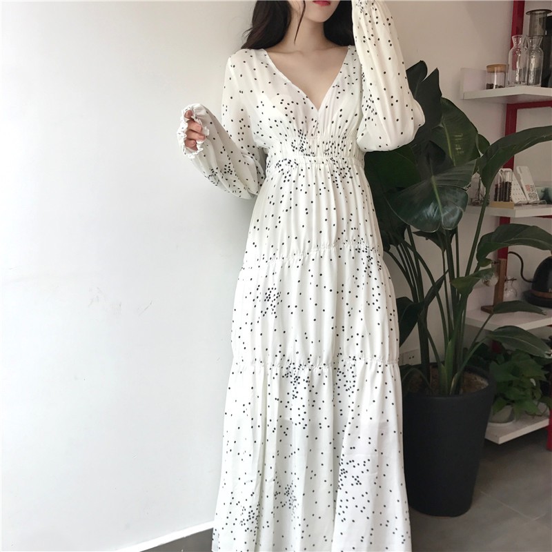 Đầm ulzzang maxi cổ V chấm bi chun eo - u.w