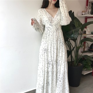 Đầm ulzzang maxi cổ V chấm bi chun eo - u.w
