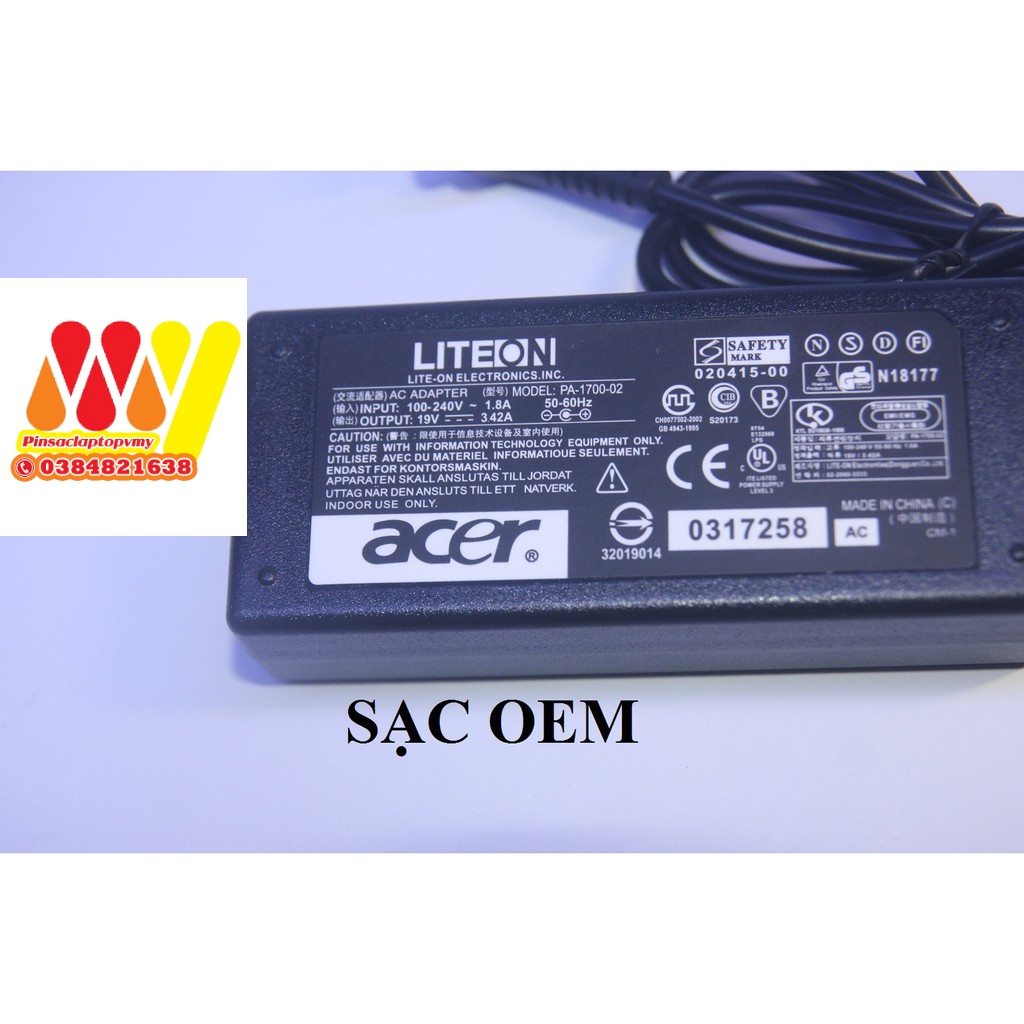 [BH 1 đổi 1] Sạc laptop Acer 19V - 3.42A - Tặng Kèm Dây nguồn - New BH12T