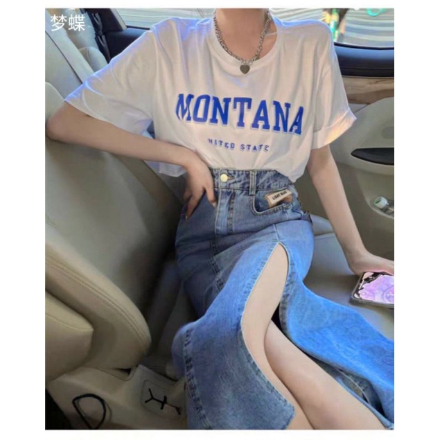 Set áo phông croptop chân váy jean xẻ ngang hông hot hit