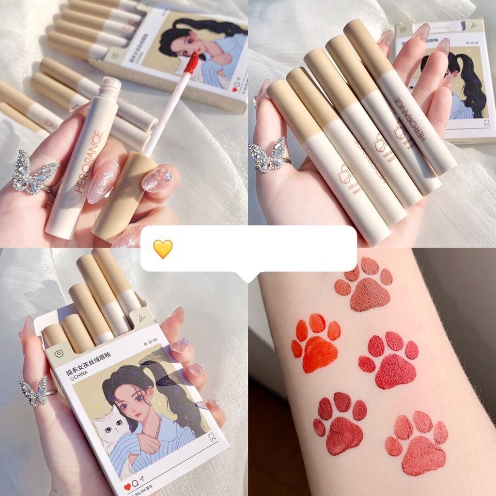 Set 5 son lì thiết kế vỏ họa tiết chú mèo dễ thương xinh xắn (có bán lẻ son bóng)