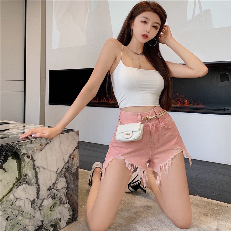 DUNEA Quần short denim màu hồng thiết kế lệch tà sành điệu cho nữ