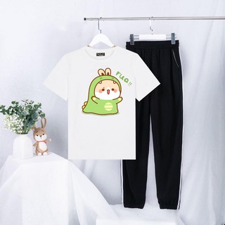 Sét Bộ Đồ Nữ Mặc Đi Chơi Siêu Xinh Cute, Combo Áo Phông Cotton Mát Mịn In Bé Rua Kèm Quần Bom Hai Sọc