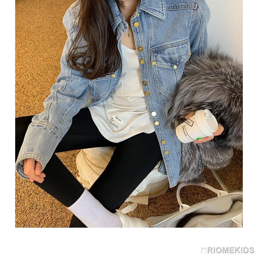 Áo Khoác denim Tay Dài Đính Nút Vàng Thời Trang Cho Nữ