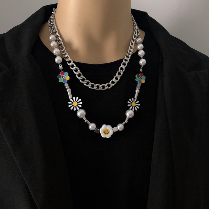 vòng cổ Mặt Hình Hoa Cúc Đính Ngọc Trai Phong Cách Hip Hop