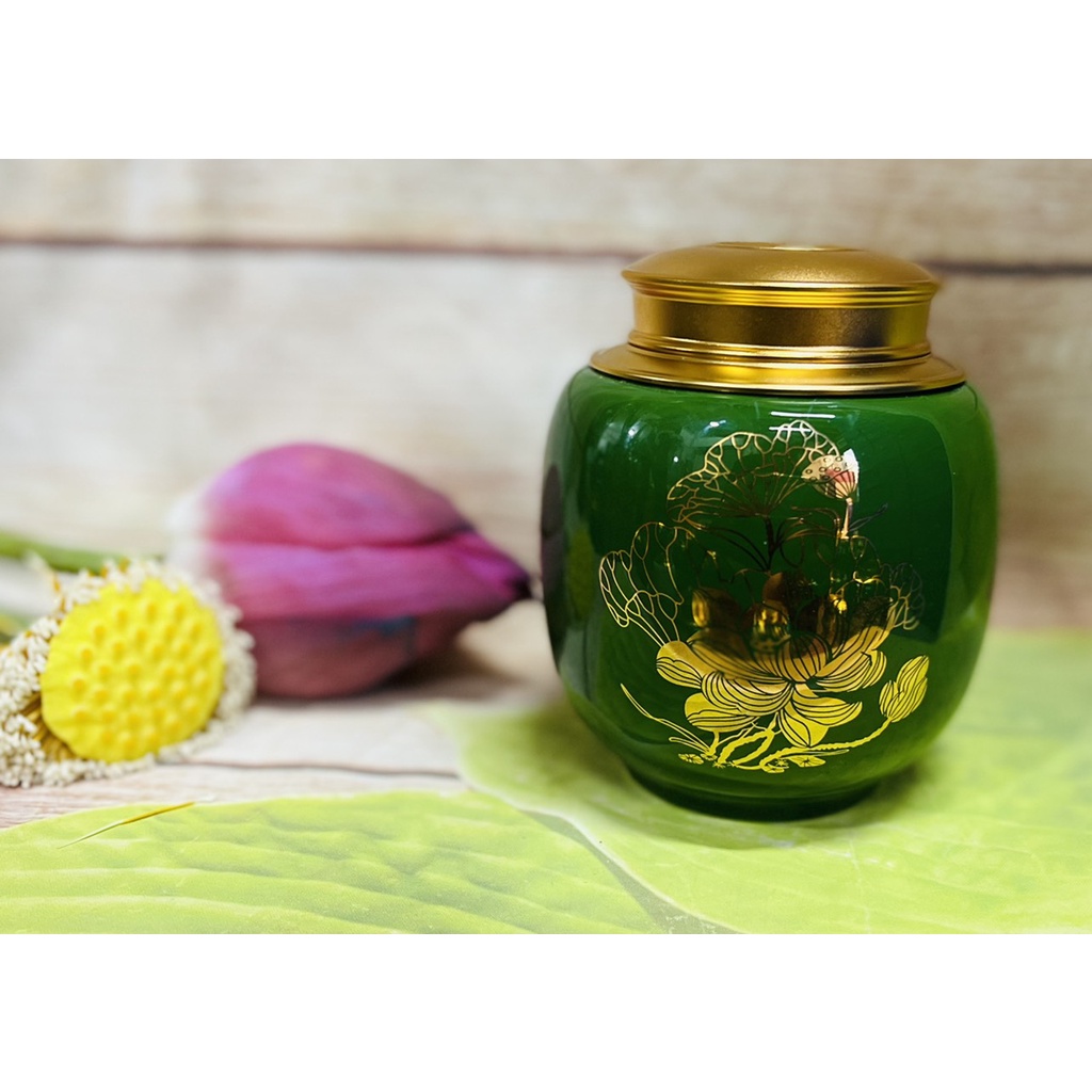 Hũ đựng trà cao cấp nắp đồng vàng kín hơi - gốm sứ bát tràng