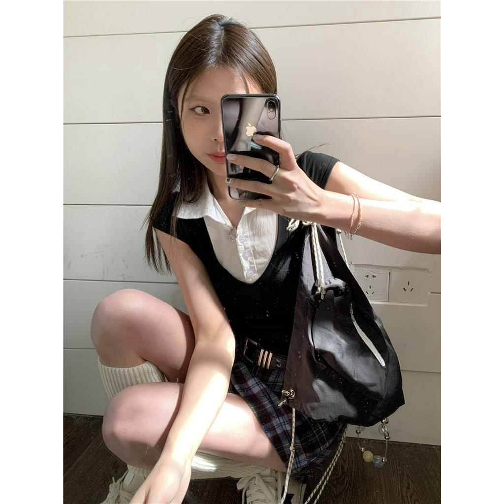 Bộ Áo Thun Cổ Chữ V Giả Hai Mảnh Phối Chân Váy Ngắn Ôm Dáng Phong Cách Thái Lan 63044