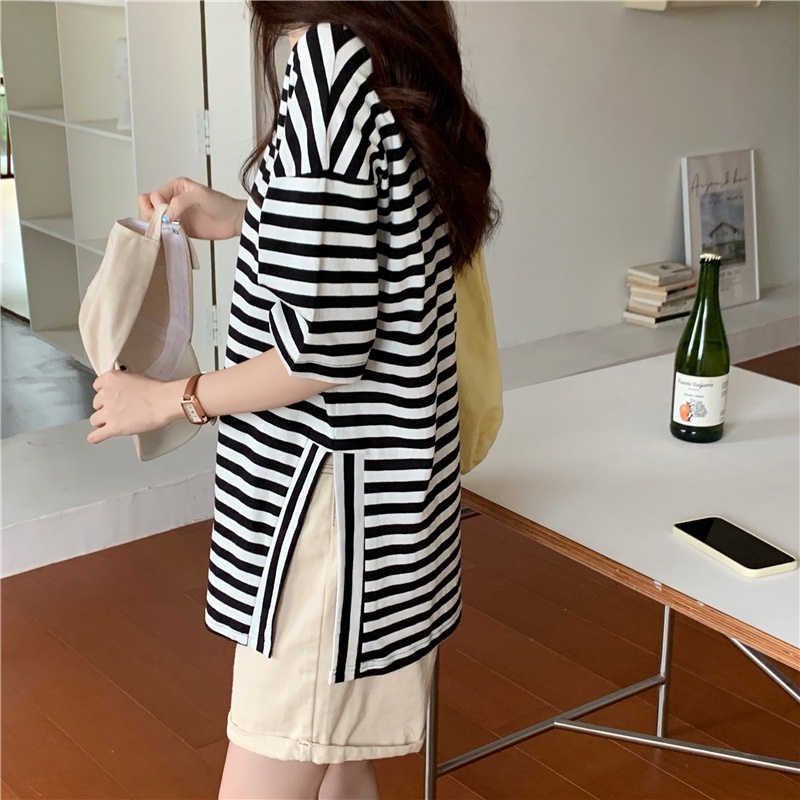 SUXI Đầm Thun Cotton Dáng Rộng Họa Tiết Sọc Trắng Đen Cổ Điển Thời Trang Mùa Hè Cho Nữ