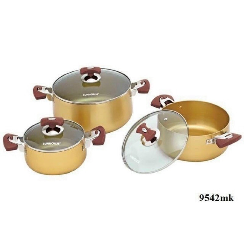 Bộ nồi Sunhouse SH6634 3 cái nắp thủy tinh,nồi chất liệu nhôm có thể dùng bếp gas, bếp hồng ngoại
