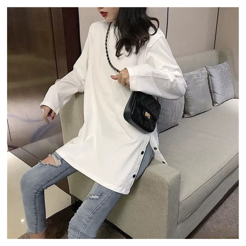 Áo thun nữ dài tay xẻ tà cotton phong cách unisex ulzzang Hàn Quốc C63 - Maomao