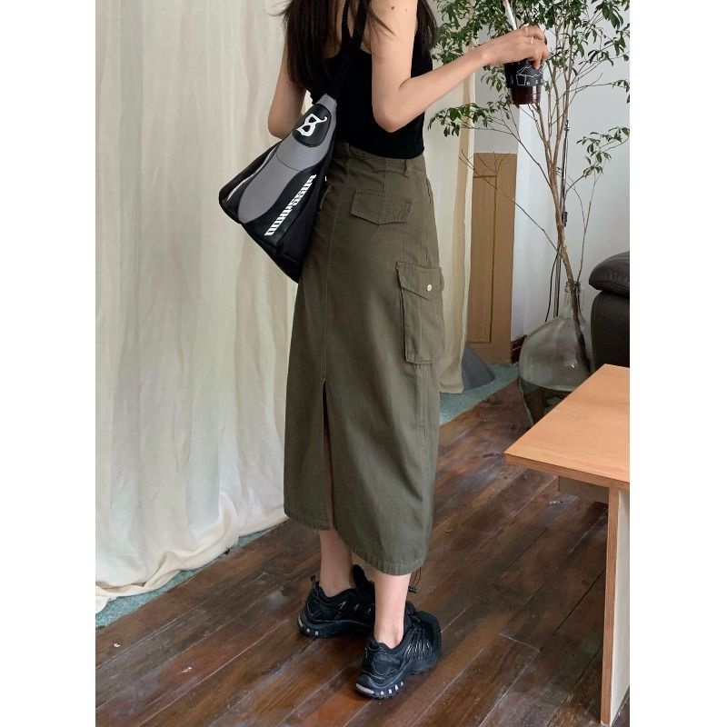 Jiashucheng Chân Váy Denim Dài Lưng Cao Phong Cách Thời Trang Quân Đội Dành Cho Nữ