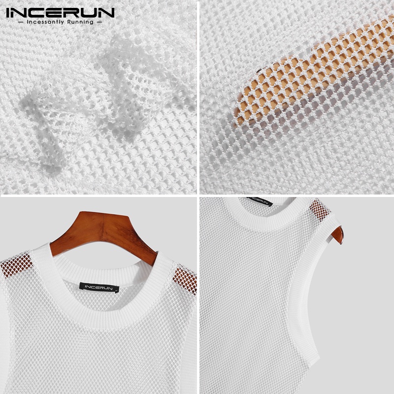 Áo ba lỗ INCERUN màu trắng xuyên thấu phong cách thời trang mùa hè cho nam