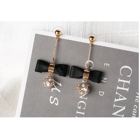 Bông tai form dài nơ đính đá Zicon cao cấp mạ vàng 18k