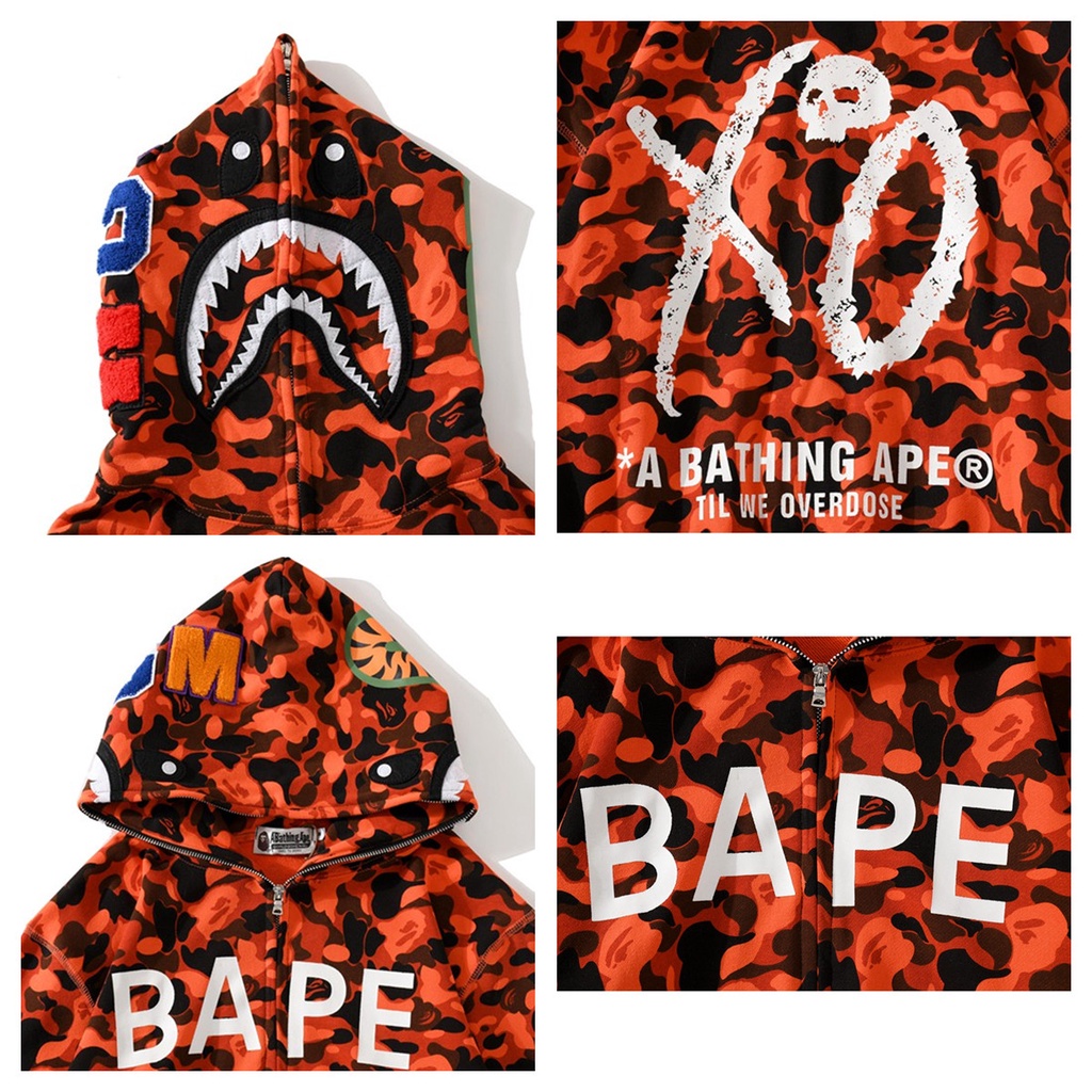 Áo hoodie bape tay dài có khóa kéo họa tiết rằn ri cá mập bape hàng mới cho nam và nữ