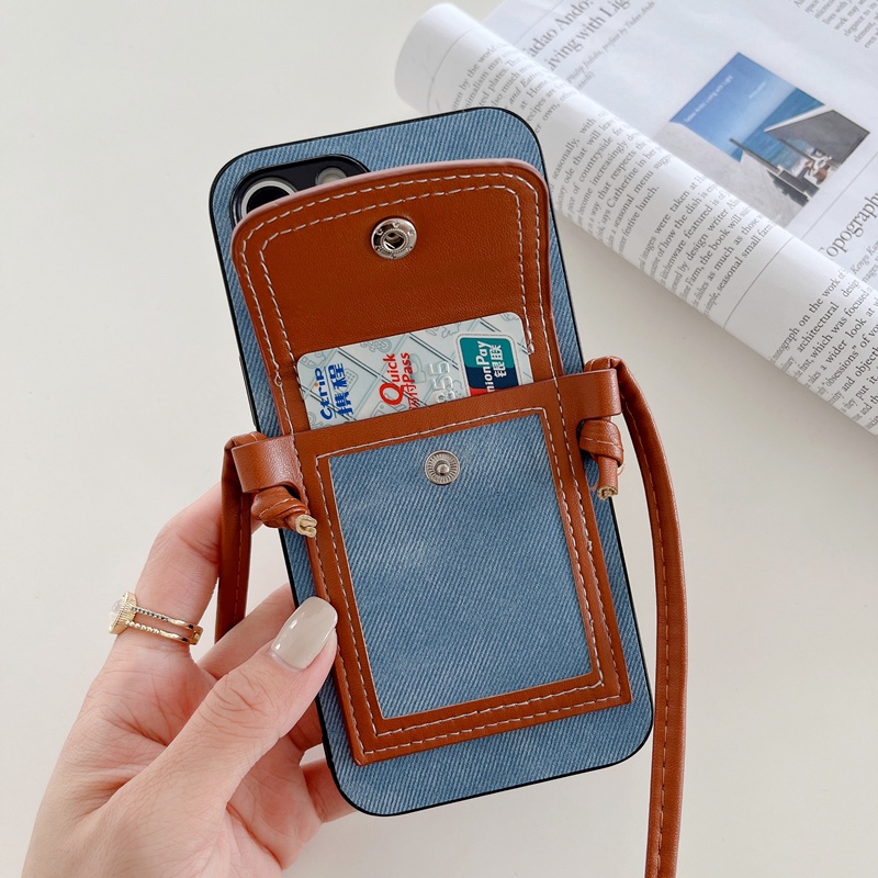 Ốp Điện Thoại Da Denim Có Ngăn Đựng Thẻ Đeo Chéo Thời Trang Cho iPhone 11 12 13 Pro Max 8 7 6 6s Plus X XR XS Max SE 2020