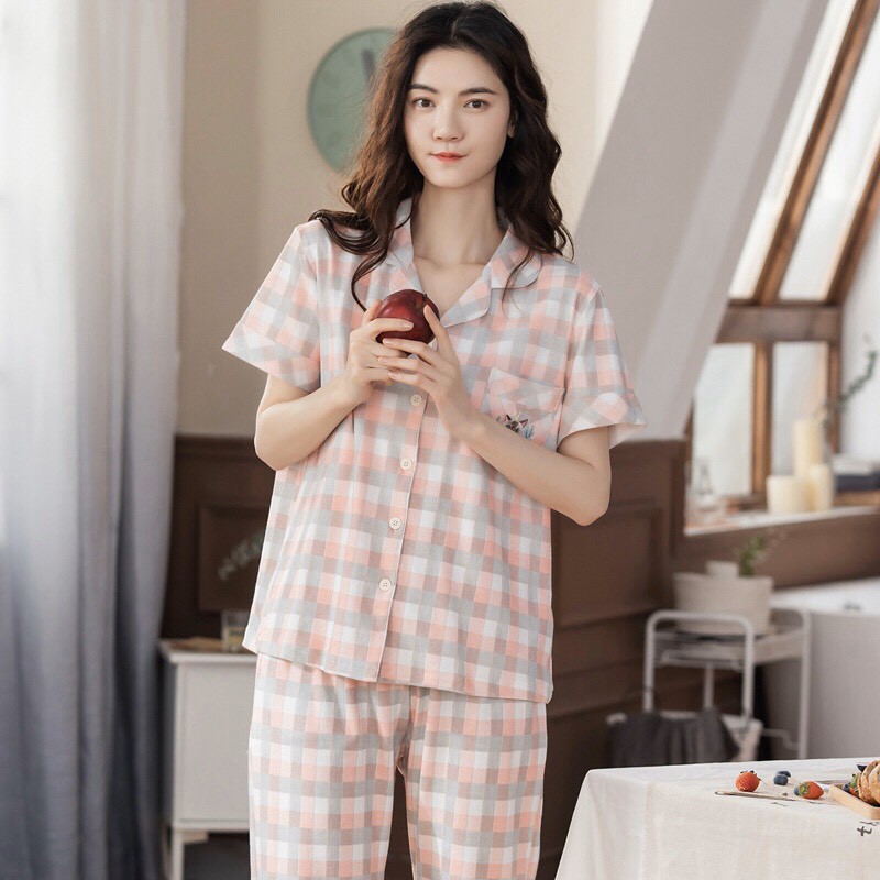 Bộ pyjama thun cotton ngắn tay kẻ caro (C201)