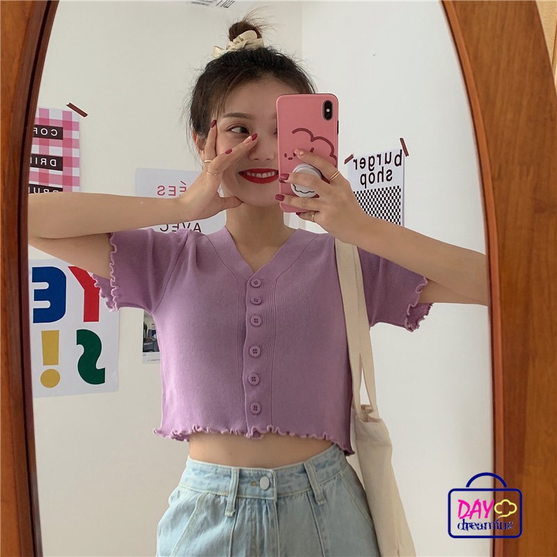 Áo Phông Áo Croptop Áo Thun Dệt Kim Tay Ngắn Cổ Chữ V Phối Nút Xinh Xắn Cho Nữ