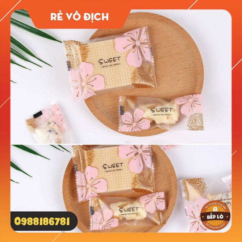 Túi Hàn Đựng Bánh Quy Kẹo Nougat Hình Hoa Anh Đào SIÊU ĐẸP - Set 100 túi