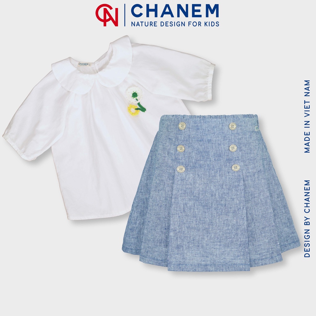 Đồng phục học sinh CHANEM cho bé gái (3-10 tuổi) Áo trắng phối hoa móc thủ công độc đáo phối chân váy xếp ly