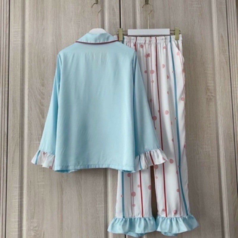 Bộ Pyjama lụa mềm tay loe xanh Quảng Châu cao cấp loại 1