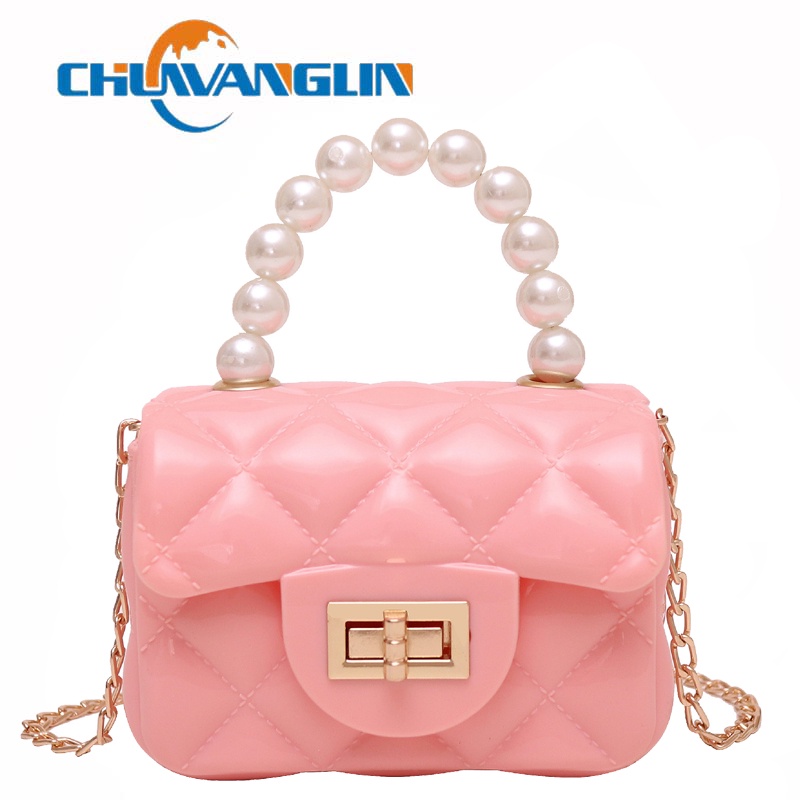Túi đeo chéo mini Chuwanglin bằng PVC dạng thạch đính ngọc trai phối dây xích thời trang cho nữ