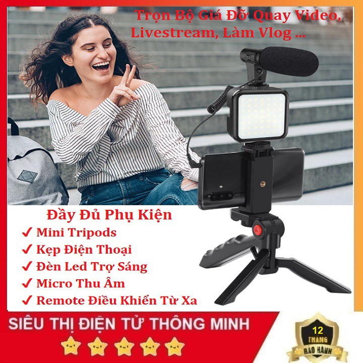 Giá Đỡ Điện Thoại Kèm Micro Thu Âm, Có Đèn LED Quay Vlog Shot Kit - Chụp Ảnh - Quay Video - TikTok - Livestream