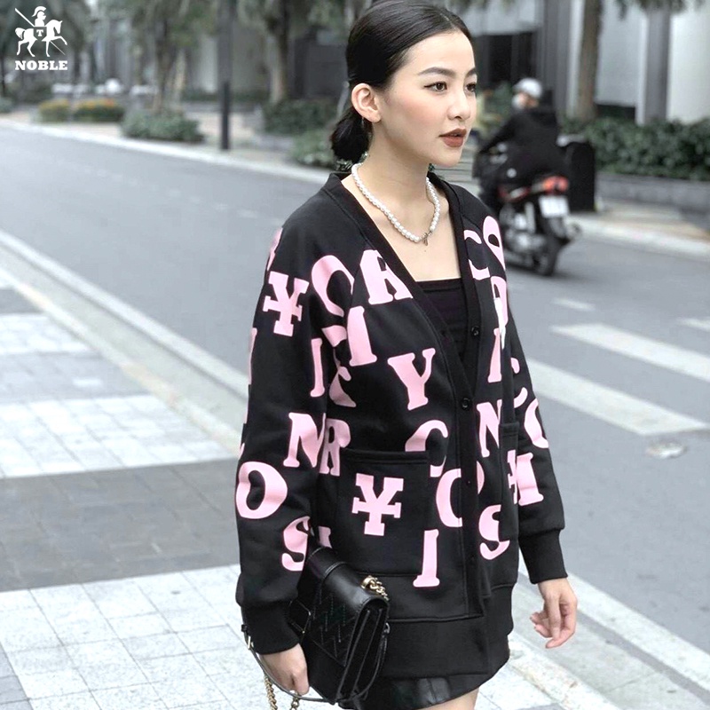 [Freeship] Áo khoác dạ len cardigan nam nữ cổ chữ V họa tiết chữ, áo khoác mỏng Korean Fashion thời trang NOBLE TP003