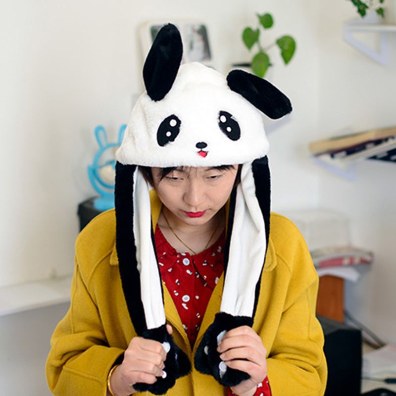 Mũ nhồi bông hình gấu trúc 3D dễ thương giữ ấm với tai có thể chuyển động được cho người lớn và trẻ em