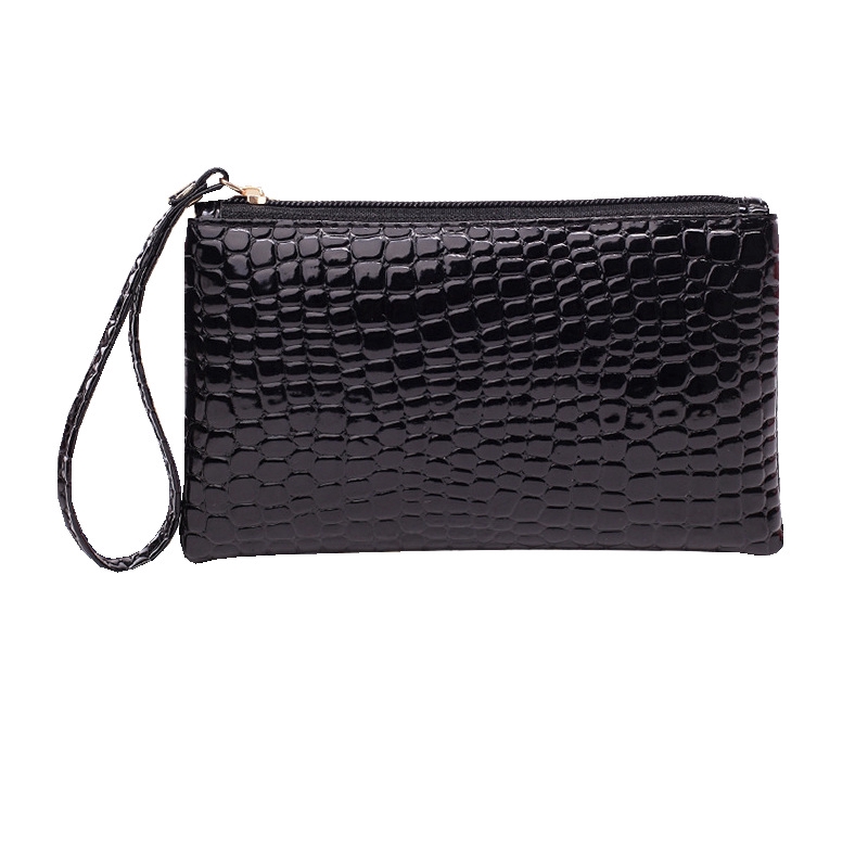 Ví cầm tay dạng dài bằng da PU đựng thẻ và tiền xu phối dây kéo màu trơn cổ điển cho nữ