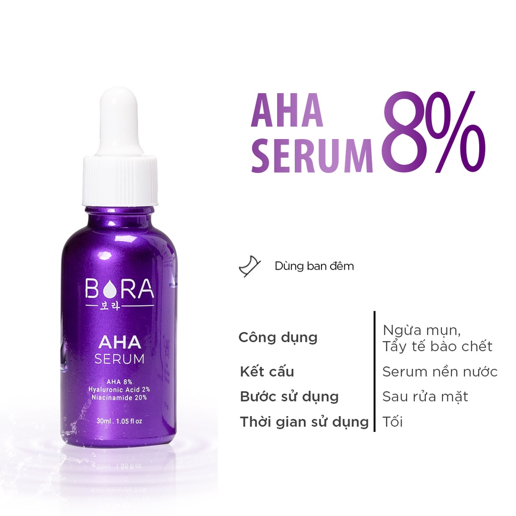 Serum ngừa mụn dưỡng trắng mịn da cân bằng ẩm Hàn Quốc BORA AHA 8% lọ 20ml cải thiện sạm nám - Hàng chính hãng