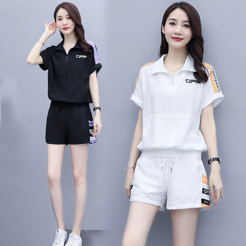 Set Đồ 2 Món Gồm Áo Polo Tay Ngắn + Quần Short Dáng Rộng Phối Dây Rút Thời Trang Hàn Quốc Cho Nữ