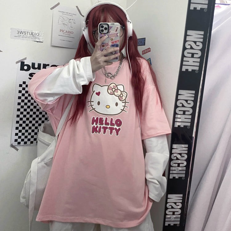 [TẶNG QUÀ] Áo Thun Tay Dài Thu Đông 💝 Unisex Nam Nữ Phong Cách Hàn Quốc Ulzzang 💝 Phối Tay HELLO KITTY