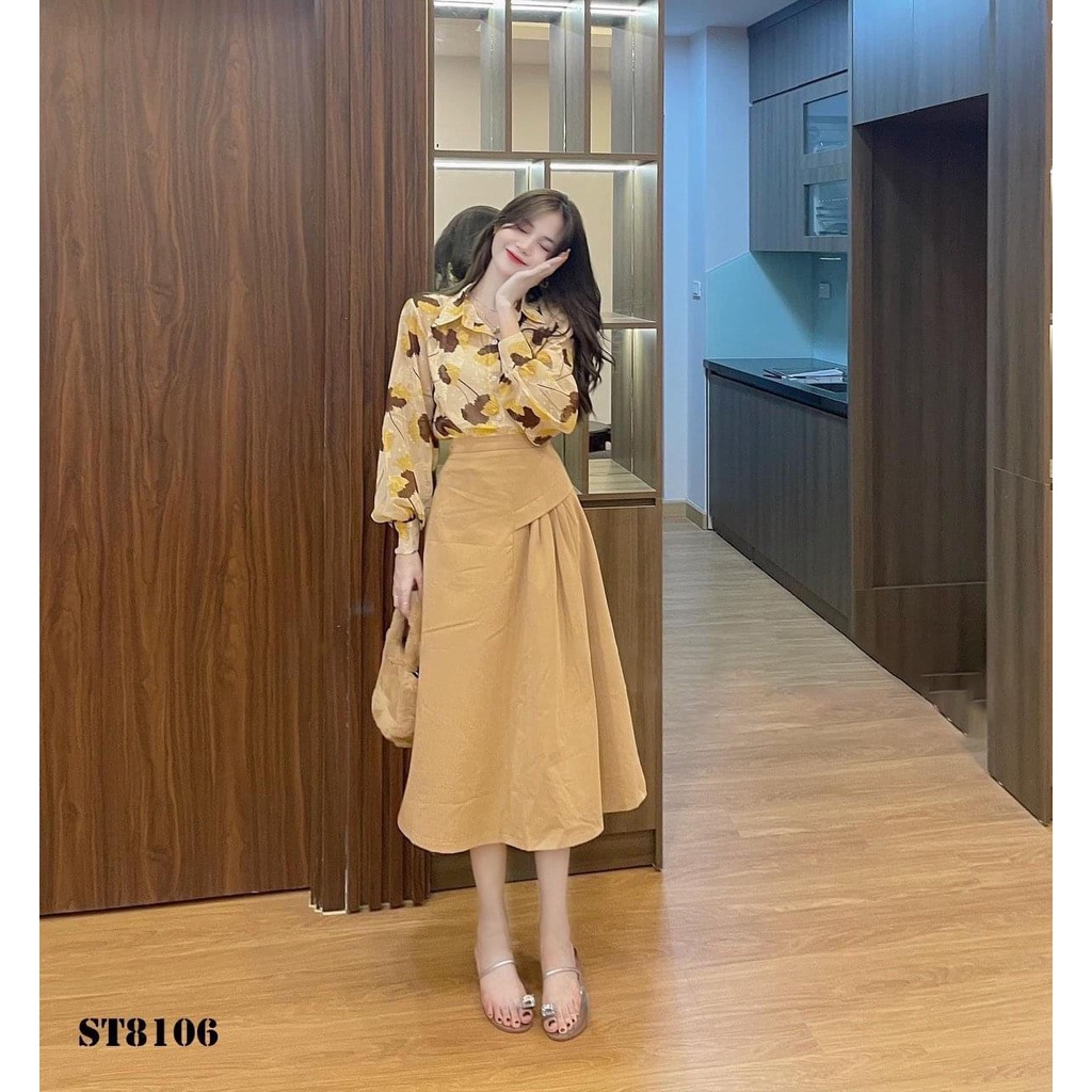 Áo sơ mi hoa vàng chất tơ thêu chỉ tay bồng