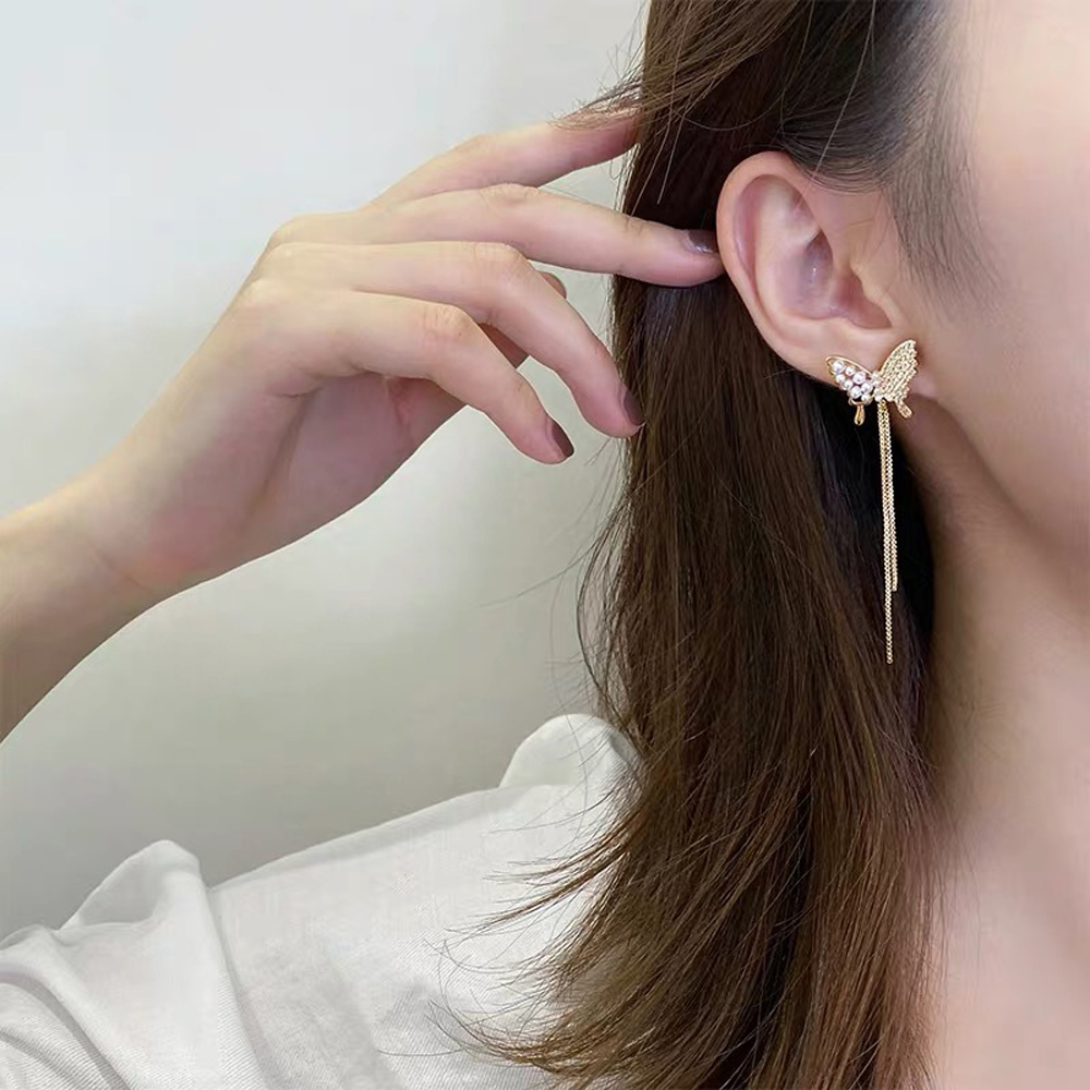 Khuyên tai mặt hình bươm bướm dáng dài đính đá thời trang dành cho nữ