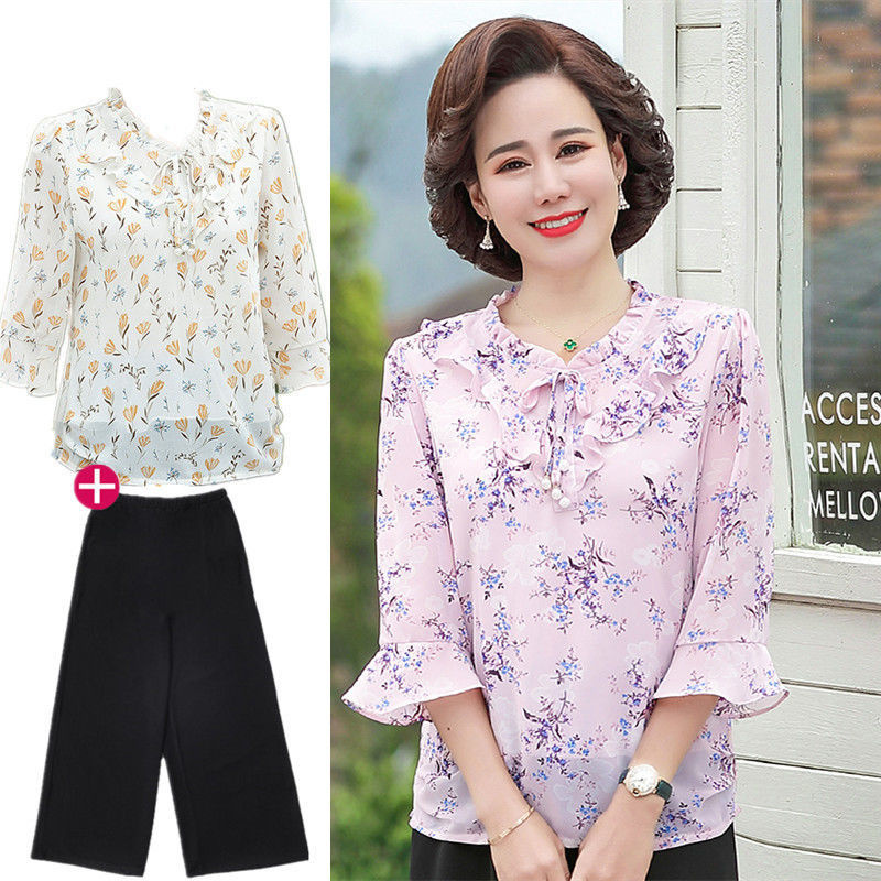 Áo thun tay voan Trung Quốc, kiểu tây, hai dây dành cho phụ nữ và già suit, quần ngày của mẹGG