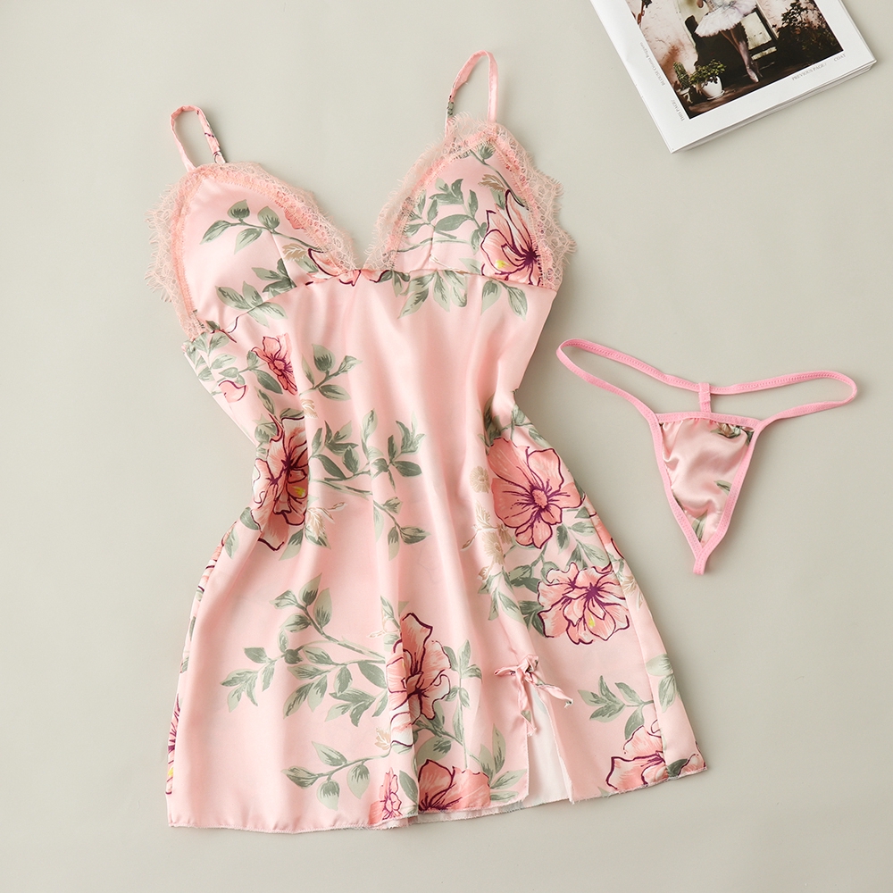 FUTURE Floral Summer Pajamas Sleepwear Silk Satin Sexy Lingerie Lace Robe Dress | BigBuy360 - bigbuy360.vn