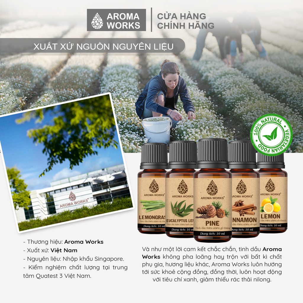 Tinh dầu khử mùi - thanh lọc không khí Aroma Works sả chanh, quê, bạch đàn chanh, thông, phong lữ