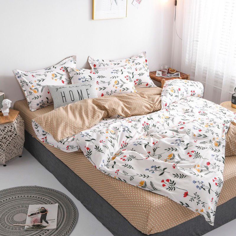 Bộ vỏ chăn ga gối 4 món Cotton Polyester hoa mùa hạ