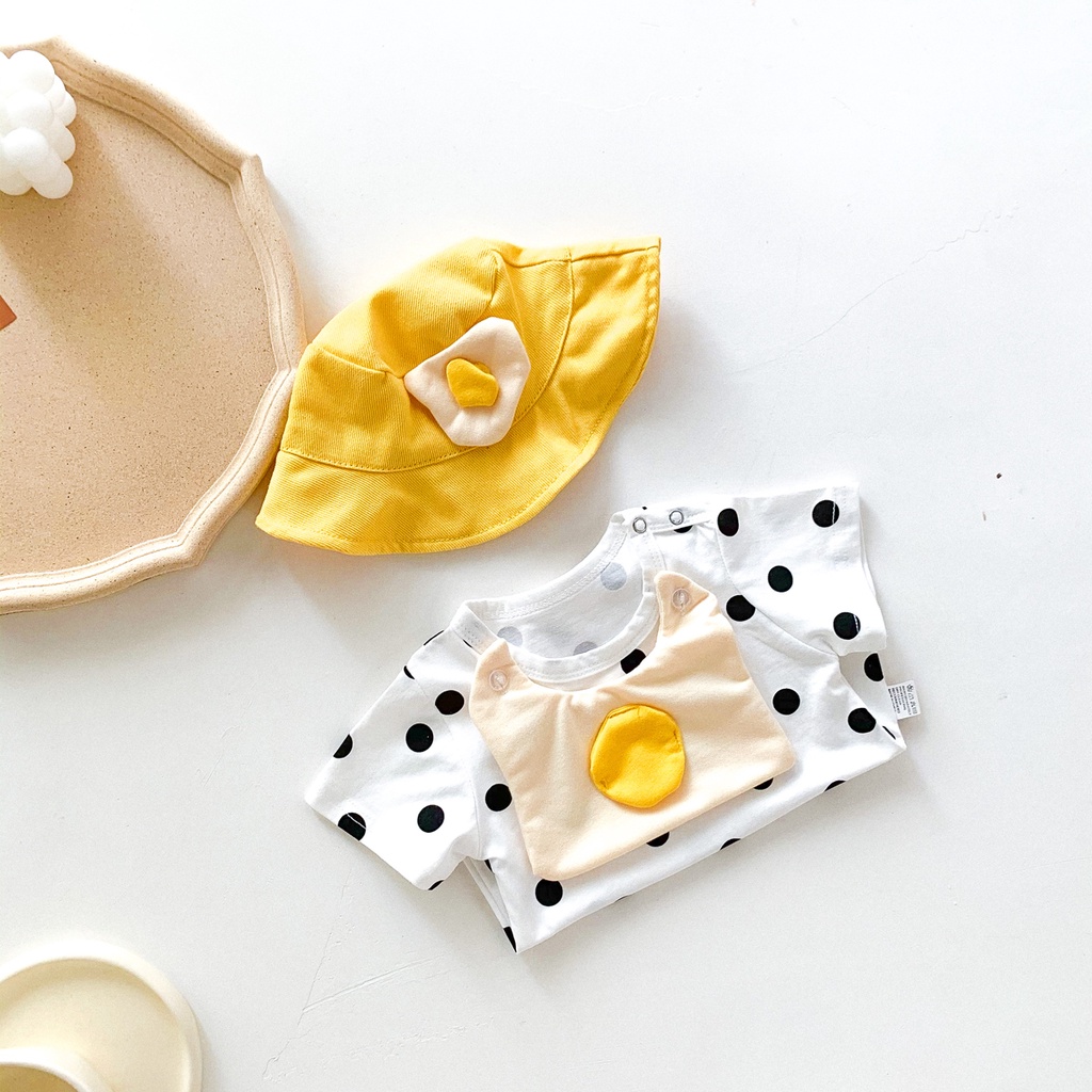 Set áo liền quần + mũ hoạ tiết chấm bi cho trẻ sơ sinh