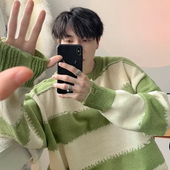 Áo len sọc Áo Sweater Dáng Rộng Thời Trang Retro Dành Cho Nam Áo len phụ nữ lỏng lẻo Áo len nữ form rộng