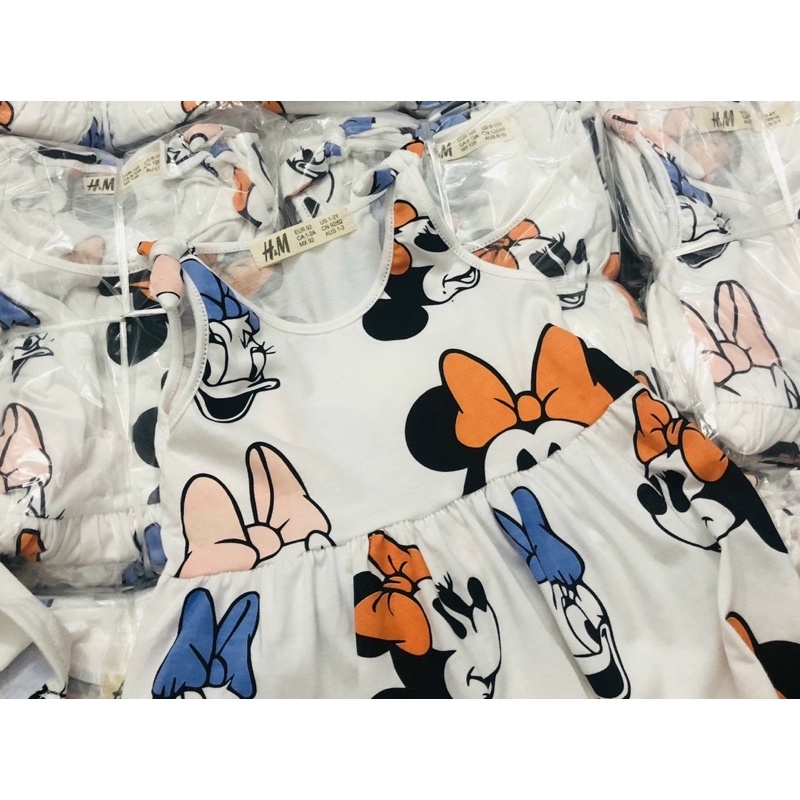 Váy sát nách thắt nơ hoạ tiết Minnie hm cho bé gái màu trắng size từ 12-32 cân