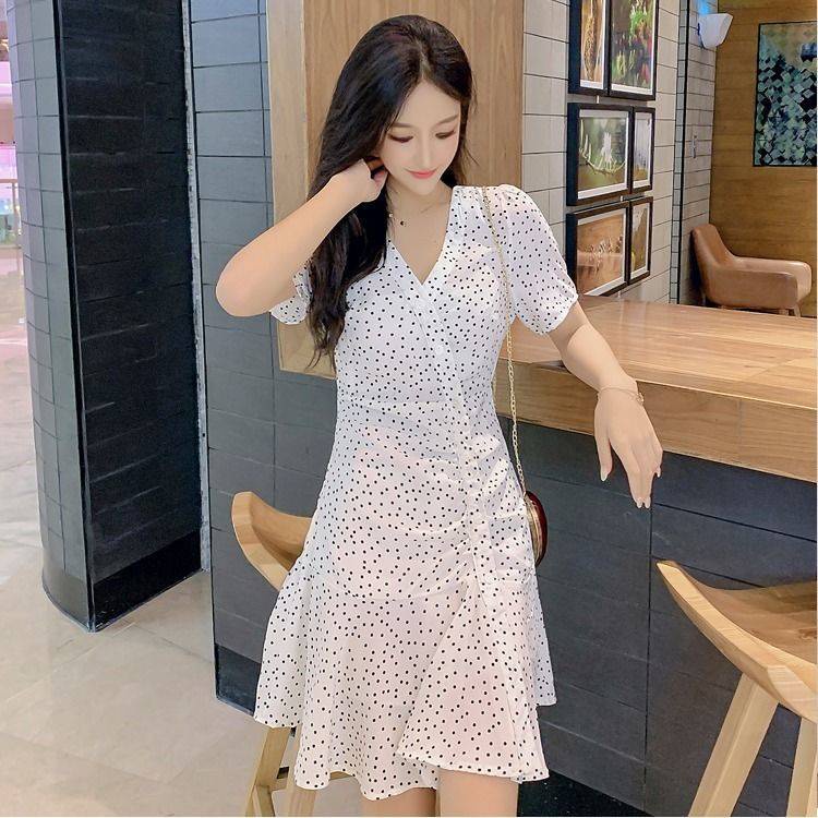 Đầm Dáng Chữ A Tay Ngắn Cổ Chữ V Họa Tiết Chấm Bi Thời Trang Mùa Hè C8455