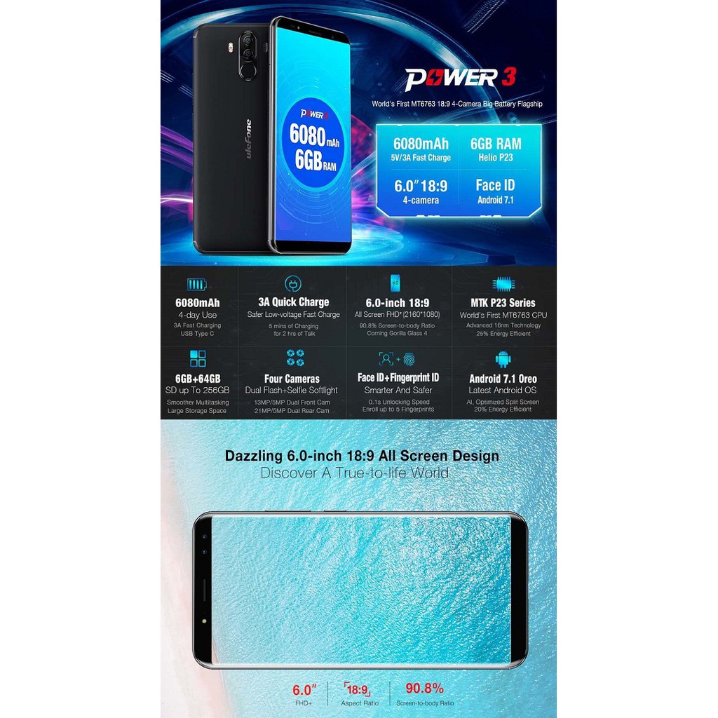 điện thoại ulefone power 3 RAM 6GB,pin 6080mAH màu đen