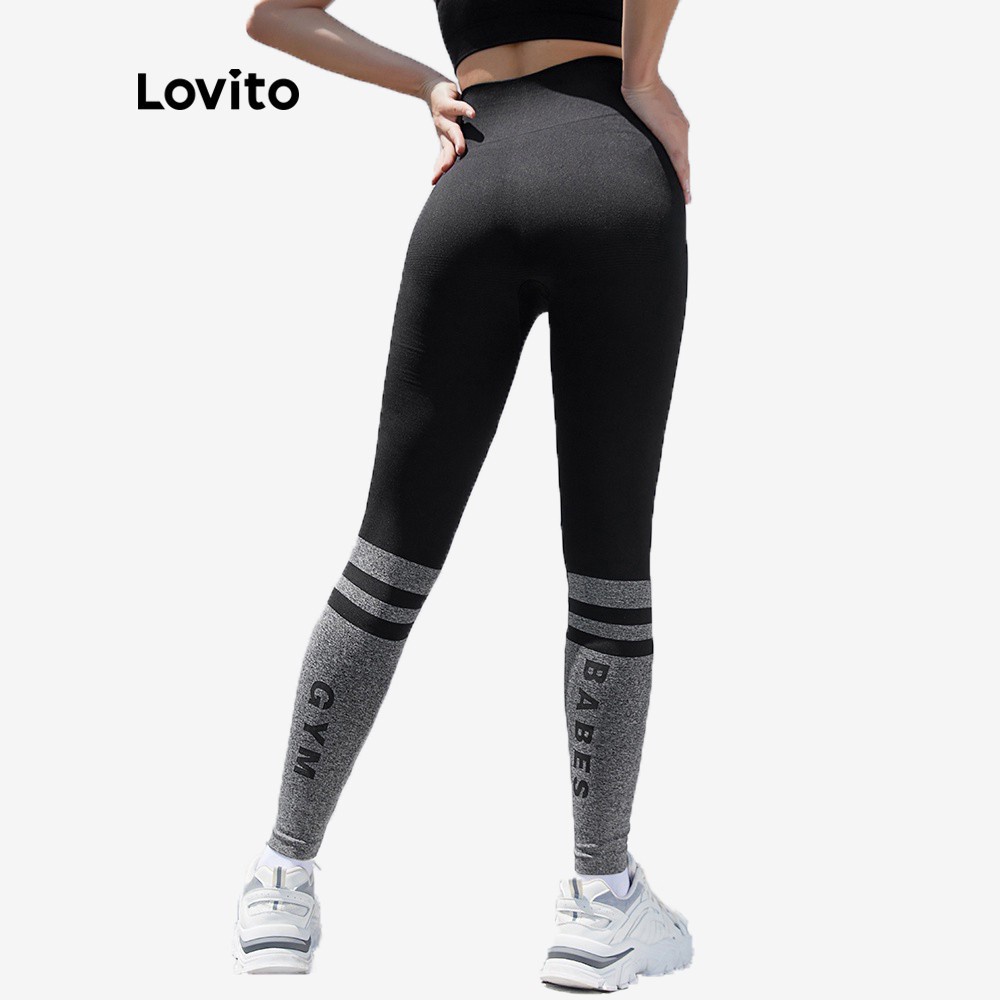 Quần legging thể thao Lovito dáng ôm không xuyên thấu co giãn tốt họa tiết ghép nối màu sắc L04047 (Màu đen)