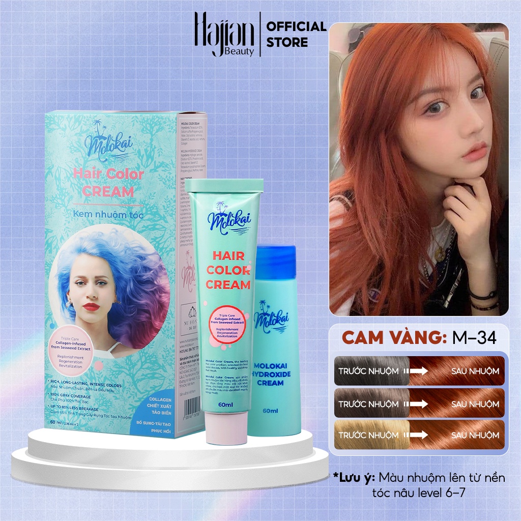 Thuốc nhuộm tóc Molokai màu cam vàng 60ml M-34, nhuộm tóc tại nhà chứa collagen tảo biển siêu dưỡng - Hajian Beauty