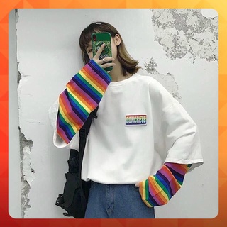 Áo sweater thu đông tay nối kẻ cầu vồng - Unisex nam nữ đều mặc được