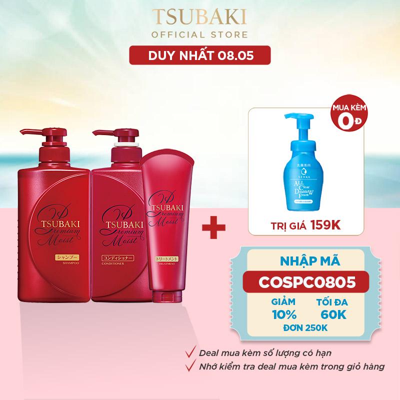 Combo gội xả và kem xả Dưỡng tóc bóng mượt Premium Moist Tsubaki (490mlx2 + 180g)