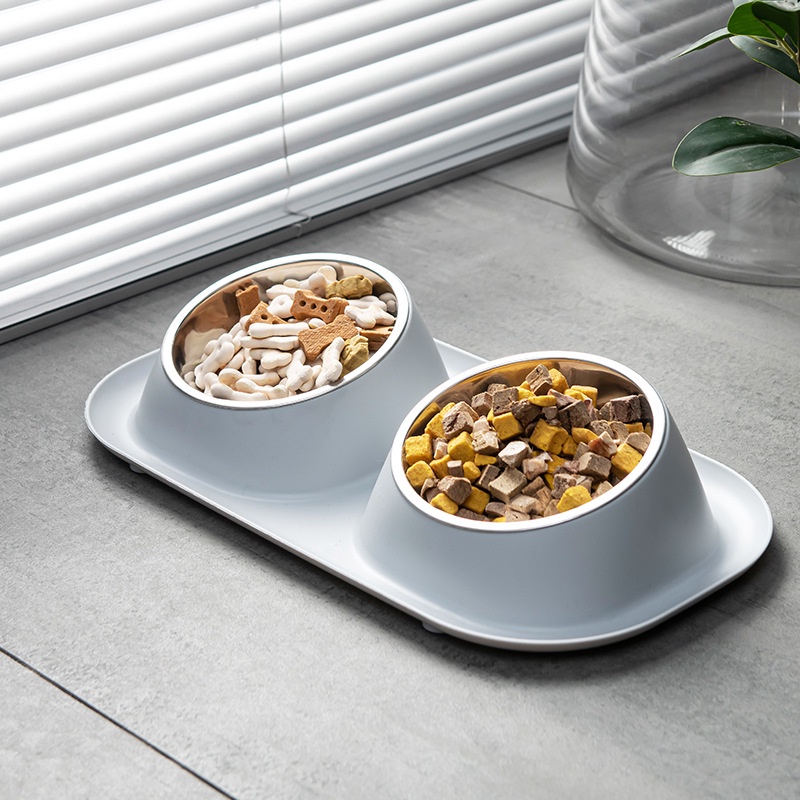 Bát ăn đôi cho mèo chó thú cưng hai ngăn inox rời nghiêng chống gù chống kiến ngừa rơi vãi