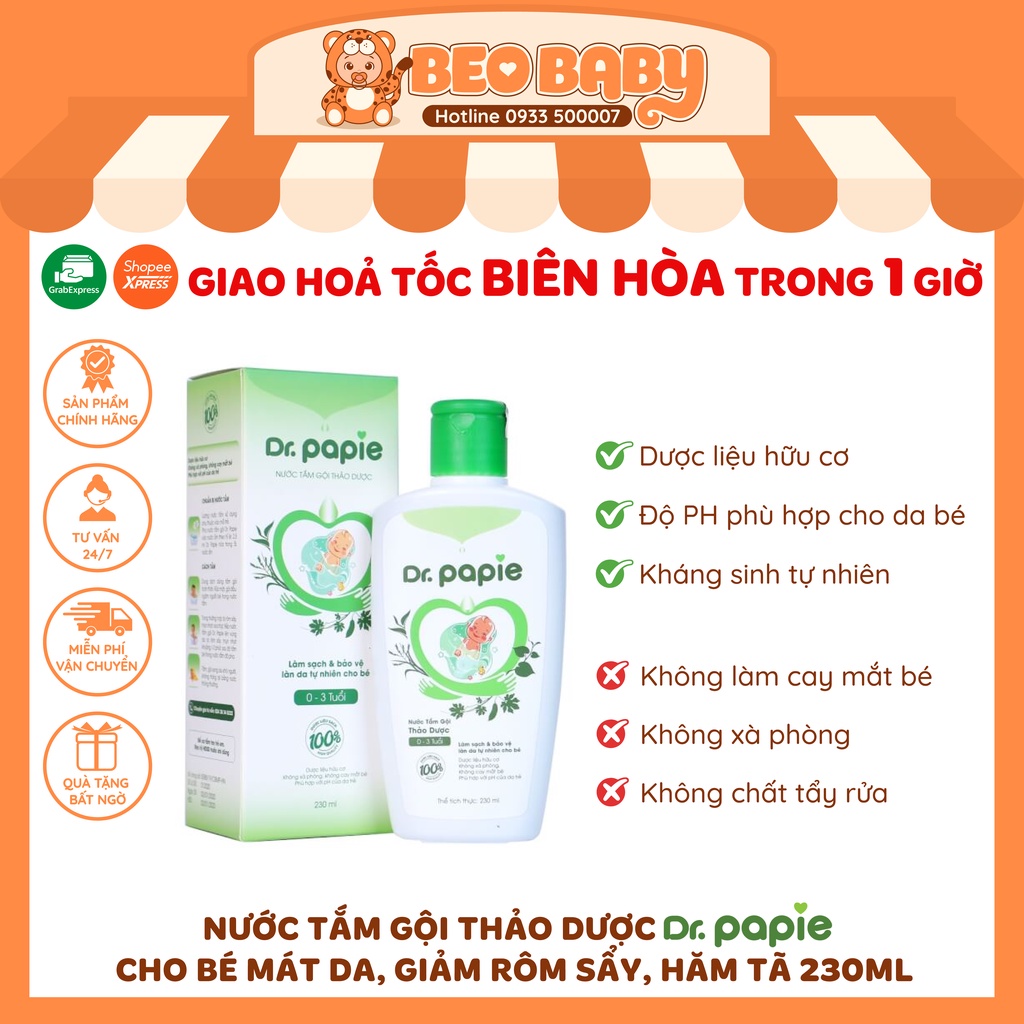 Nước Tắm Gội Thảo Dược Dr.Papie Cho Bé Mát Da, Giảm Rôm Sẩy, Hăm Tã 230ml